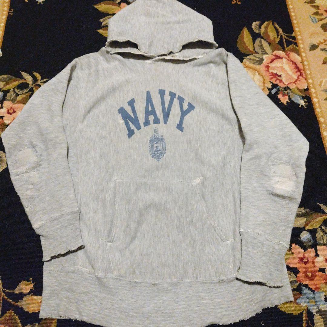 70s　単色タグ　リバースウィーブ　NAVY　染み込み　リペア　ボロ　ビンテージ