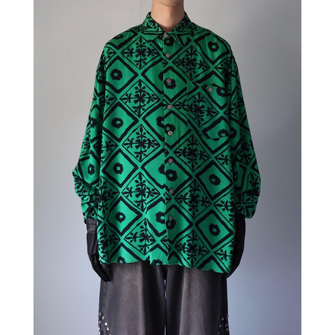 00s アーカイブ グリーン トライバル ビッグシャツ モード ブラック 総柄