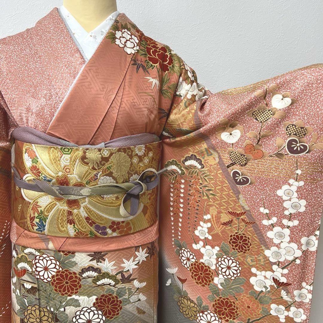 435 振袖フルセット 正絹 サーモンピンク くすみ グレー 金彩 暈