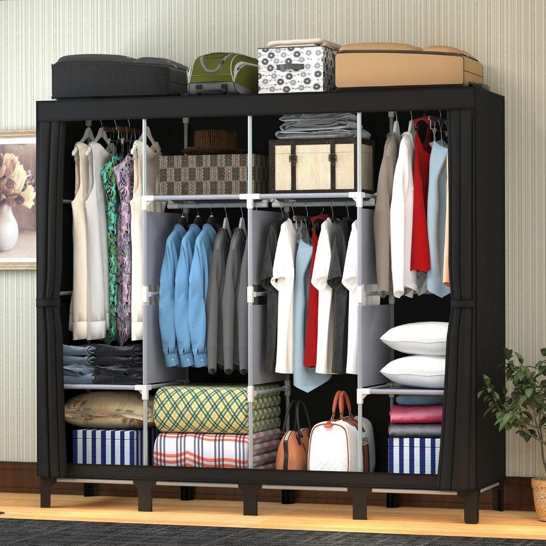 服掛け クローゼット 収納棚 170×45×172cm ブラック 工具不要