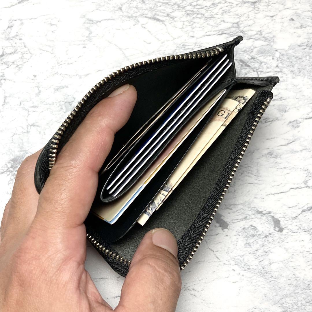 本革 L字ファスナー財布 コンパクト財布 手縫い 薄型 メンズ レディース 黒