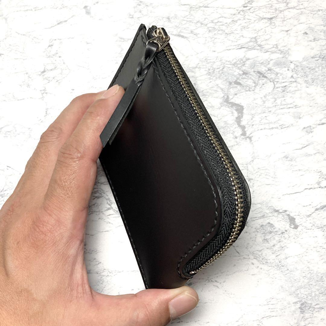 本革 L字ファスナー財布 コンパクト財布 手縫い 薄型 メンズ レディース 黒