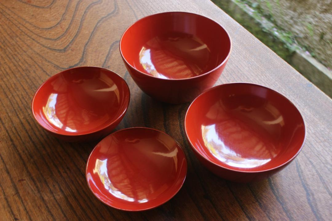 傷有！時代朱漆の美しい輪島塗の四つ椀（検輪島塗漆器懐石椀