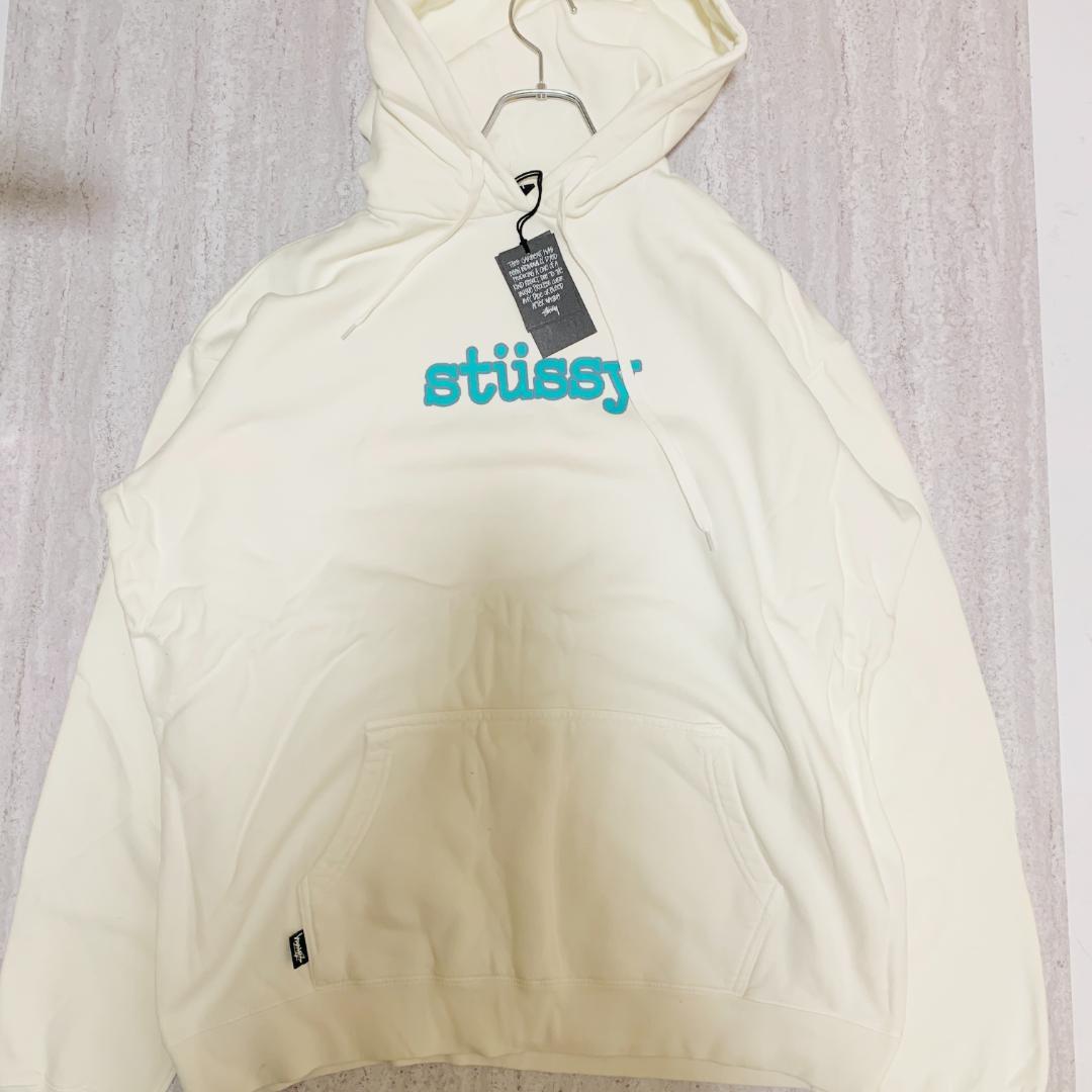 STUSSY(ステューシー)》ロゴ 厚手裏起毛プルオーバーパーカー 白