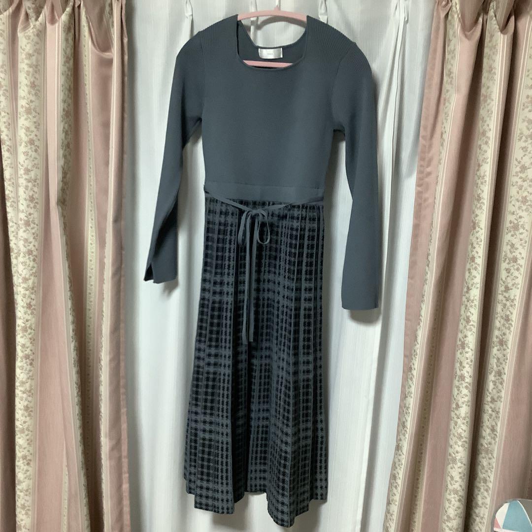 ワールド グレー ニットワンピース チェック柄 40(L)