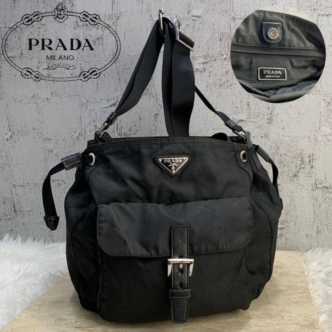 プラダ ショルダーバック PRADA バッグ ナイロン レザー 巾着 黒 希少