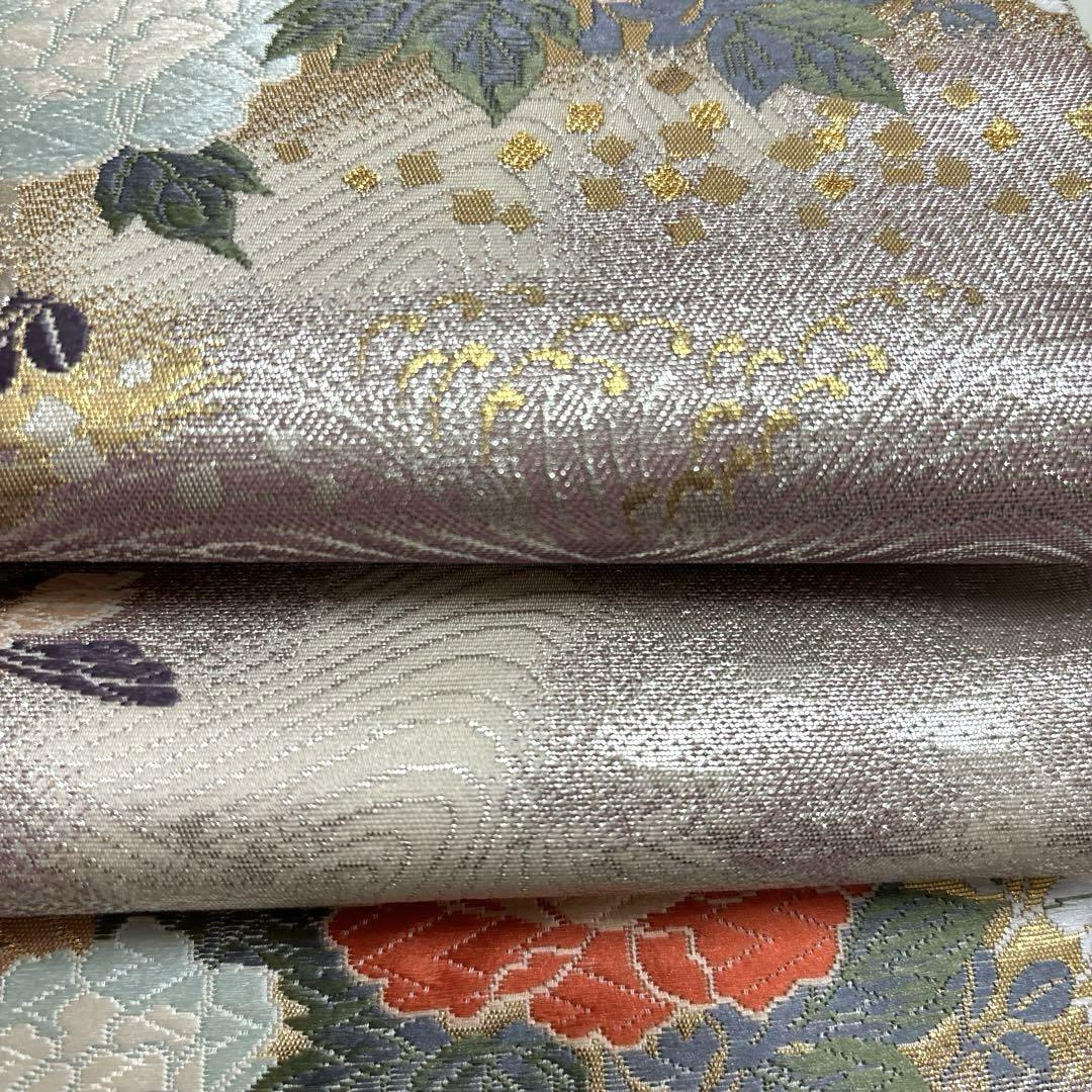 袋帯 本金箔 銀糸 刺繍 上品 鳥 花柄 正絹 帯 着物 AO-828