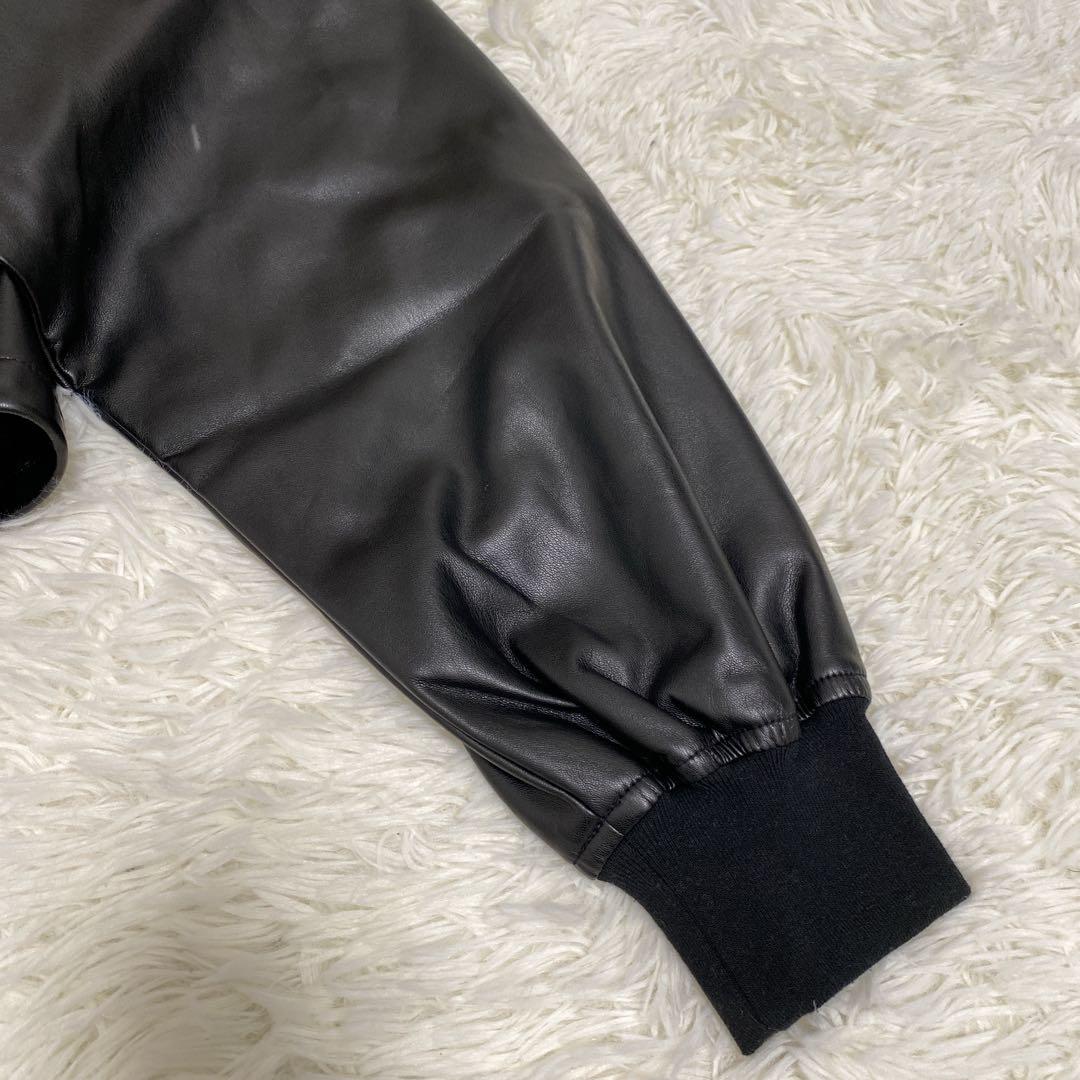 【ハレ】ドルマンスリーブ フェイクレザー ジャケット ショート丈 ノーカラー 黒