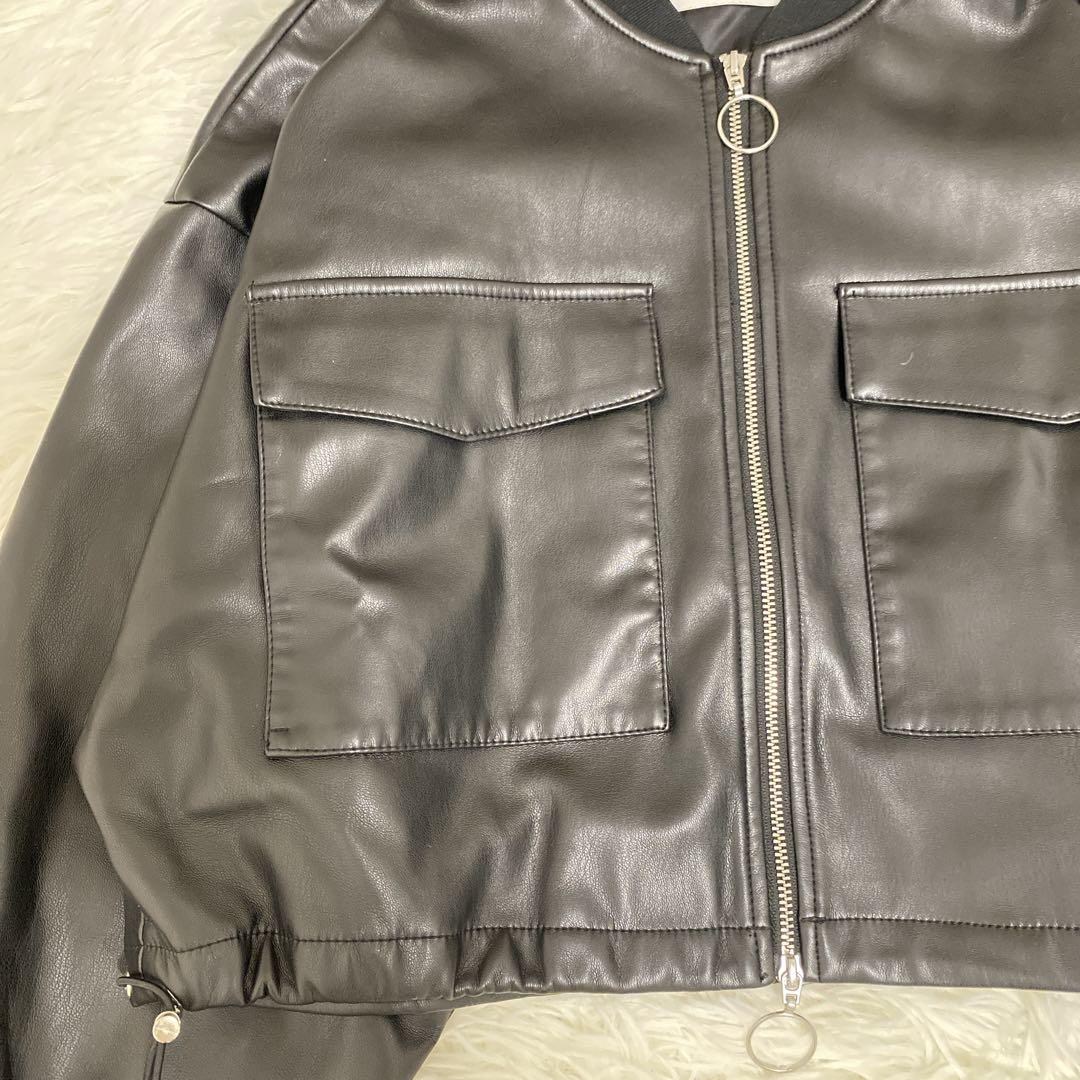 【ハレ】ドルマンスリーブ フェイクレザー ジャケット ショート丈 ノーカラー 黒