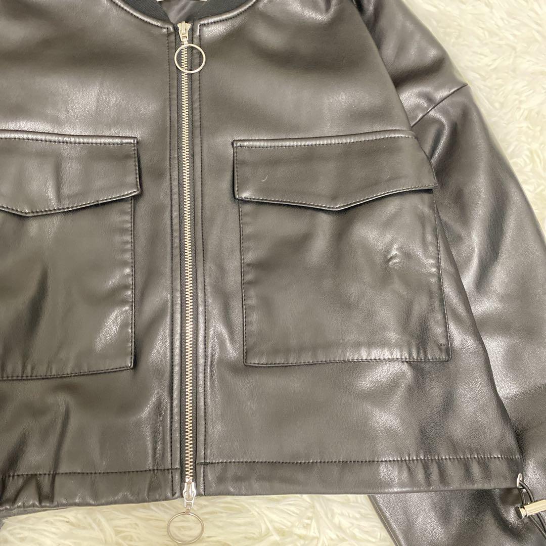 【ハレ】ドルマンスリーブ フェイクレザー ジャケット ショート丈 ノーカラー 黒