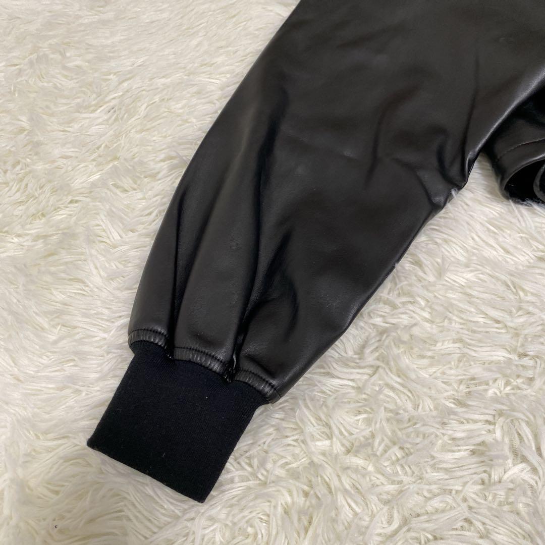 【ハレ】ドルマンスリーブ フェイクレザー ジャケット ショート丈 ノーカラー 黒