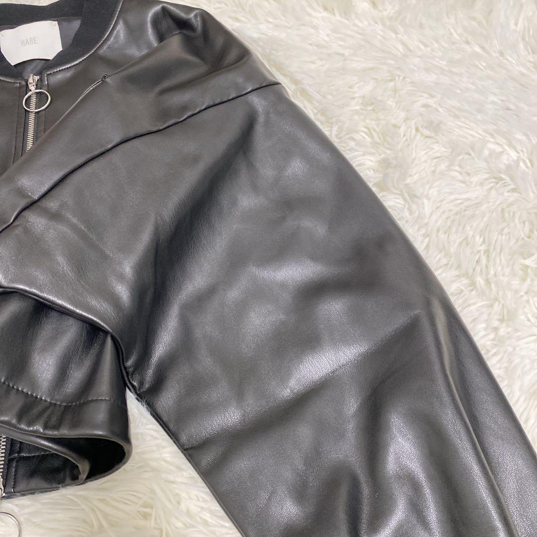 【ハレ】ドルマンスリーブ フェイクレザー ジャケット ショート丈 ノーカラー 黒