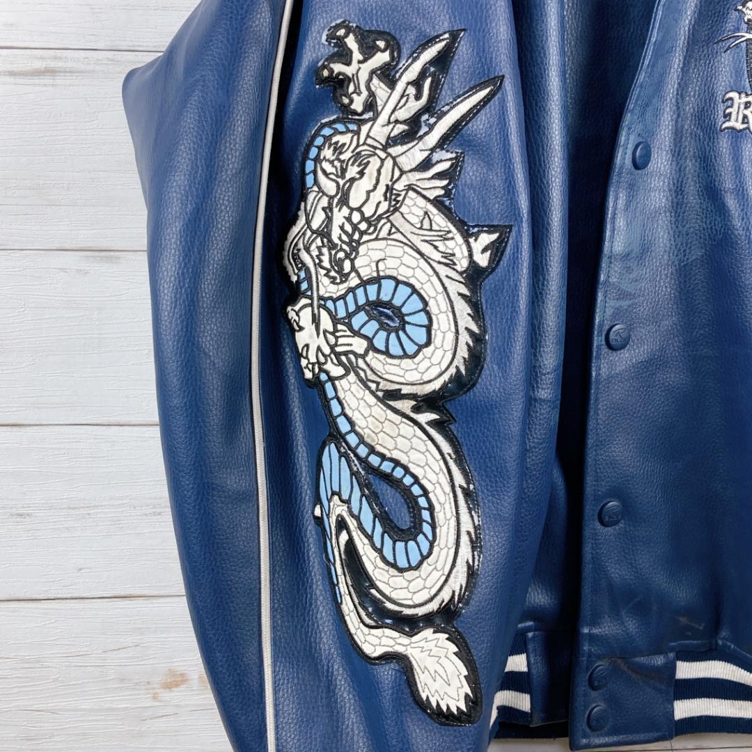 Ralu Blue フェイクレザージャケット バックロゴ リブロゴ ブルー L Ralu Blue フェイクレザージャケット バックロゴ リブロゴ ブルー L