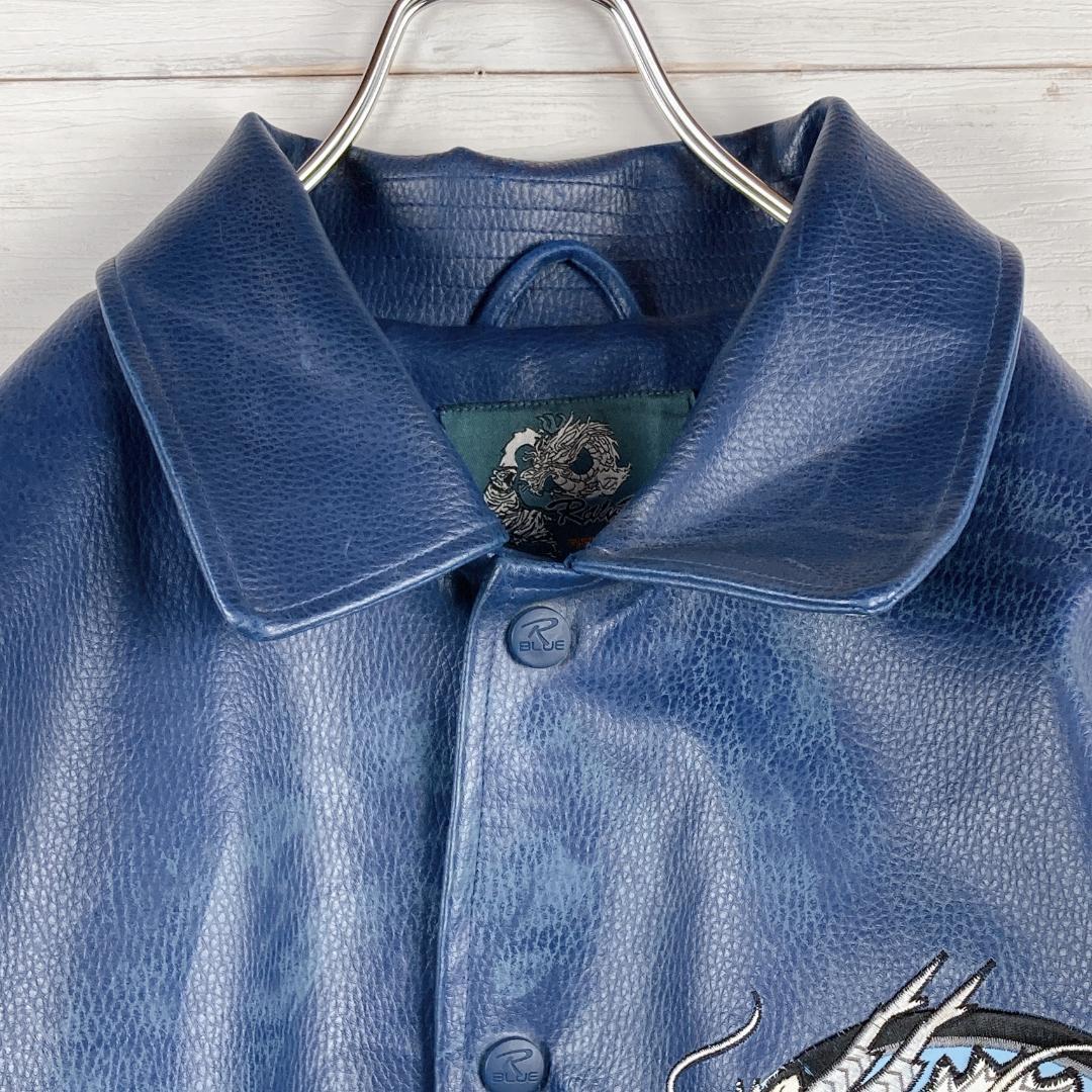 Ralu Blue フェイクレザージャケット バックロゴ リブロゴ ブルー L Ralu Blue フェイクレザージャケット バックロゴ リブロゴ ブルー L
