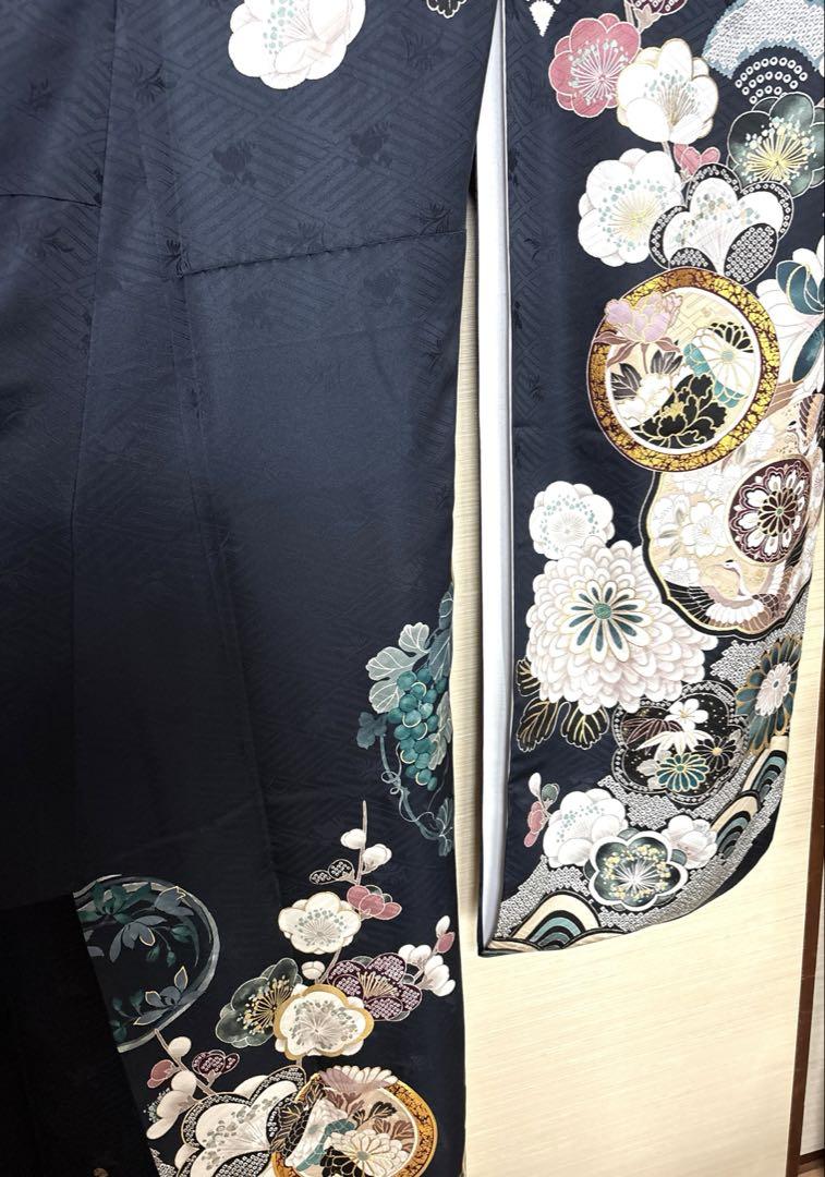 美品 吉祥文様 濃藍色 振袖 身丈161