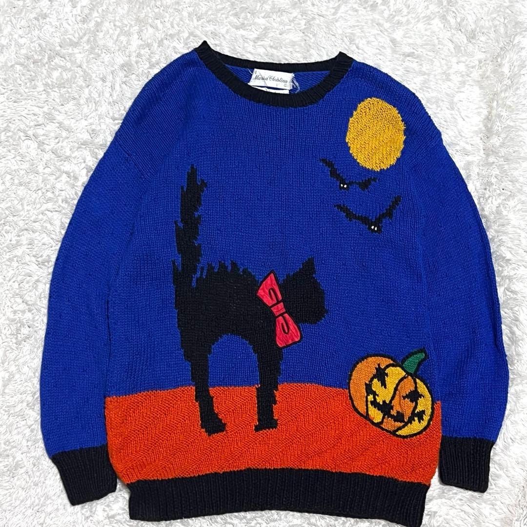 手縫い　vintage ニット　アニマル　ハロウィン　黒猫　ゴースト　セーター