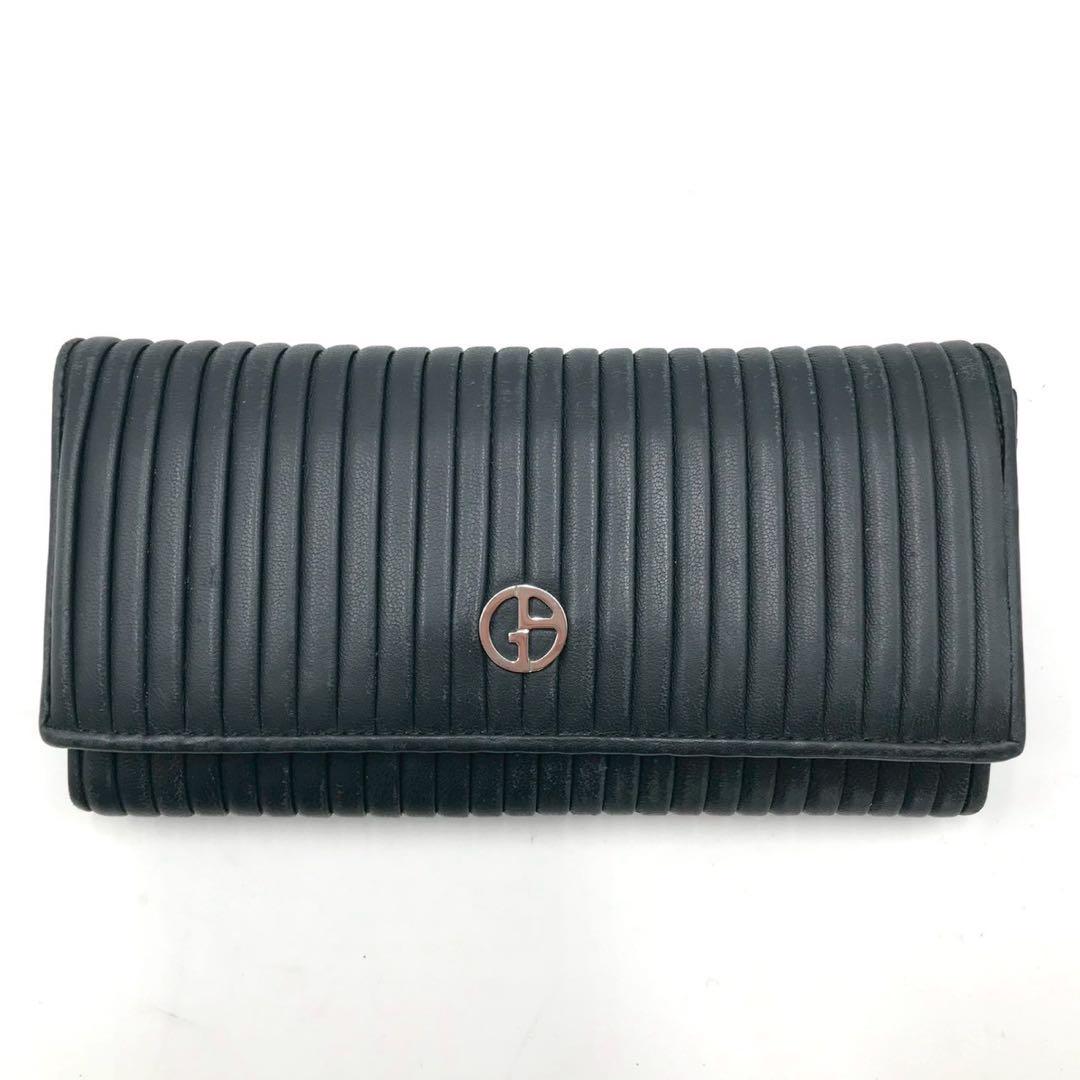 美品●ジョルジオアルマーニ 長財布 キルティング レザー ネイビー 現行ロゴ