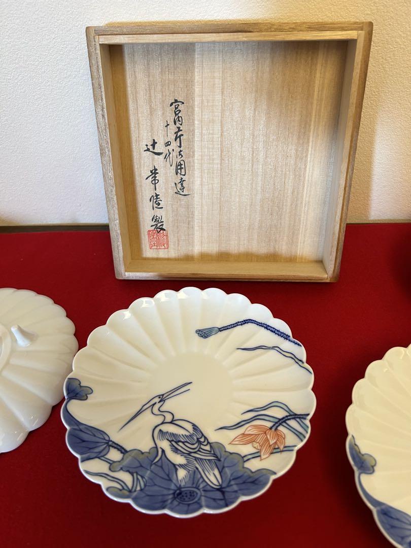 数量限定！在庫処分セール 売り切れ御免 皇室御用達十四代辻常陸 染錦白鷺文 ミツ足銘々皿五客 共箱 工芸品