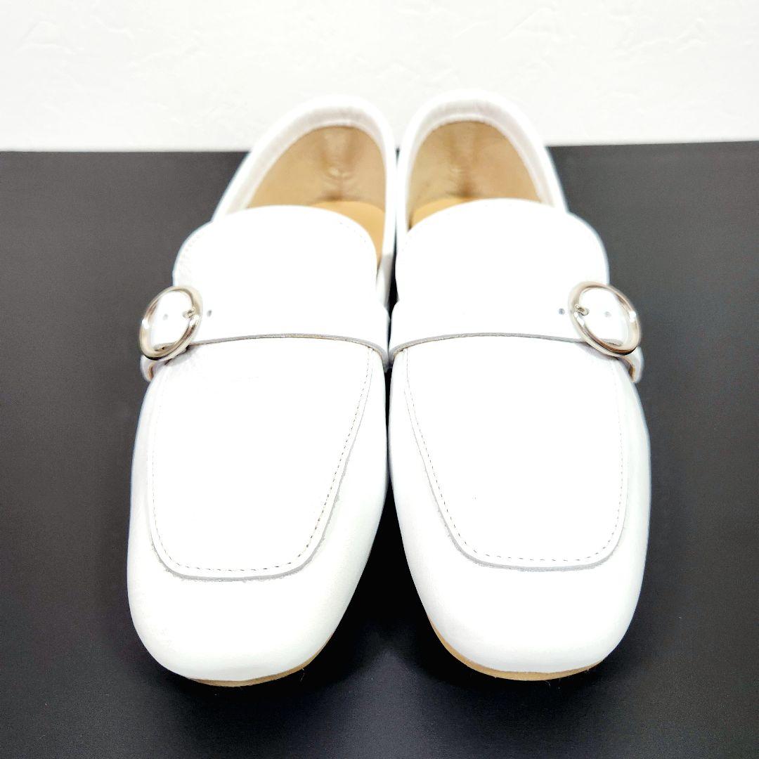 【ほぼ新品】エンアシナガオジサン レザー ローファー ベルト シボ革 ホワイト
