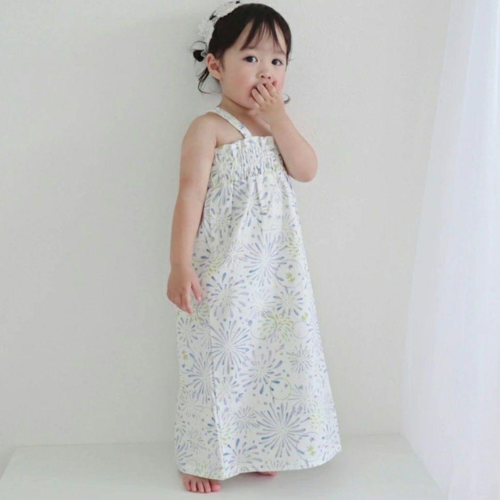 水彩花柄コハレ布帛ワンピース【日本製】120 水彩花柄コハレ布帛ワンピース【日本製】(120cm オフ ホワイト