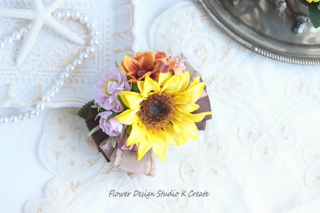 向日葵とコスモスのリボンヘアクリップ　向日葵　おでかけ　ヒマワリ　ヘアクリップ