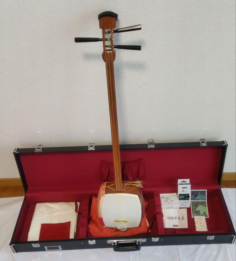 7-51 三味線 木製　ケース チュウナー 付属品付き【訳あり】3弦 木製