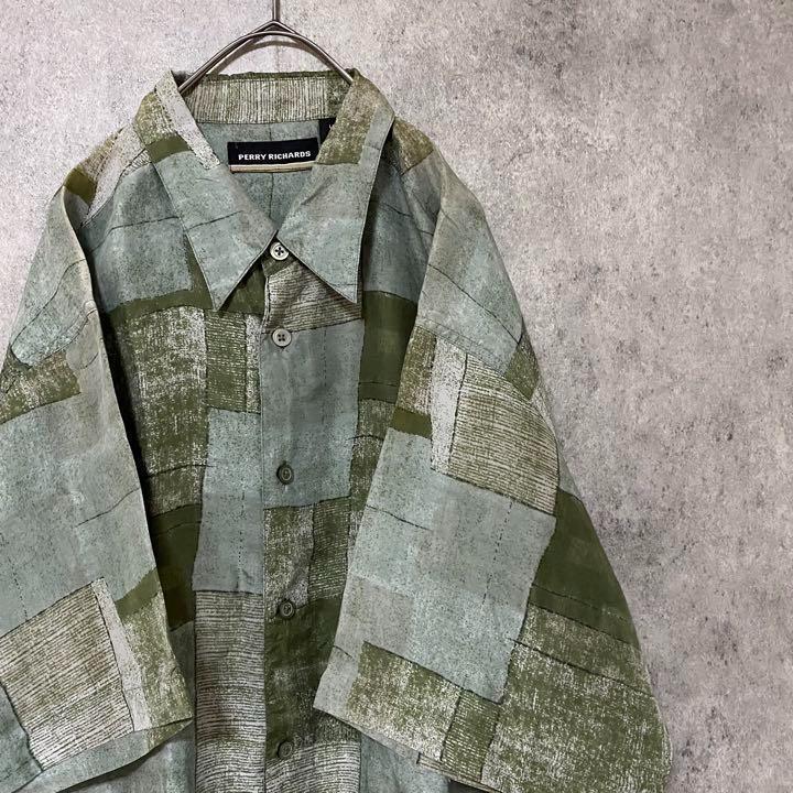 90s vintage 半袖　柄シャツ　シルク　メンズ　L　古着　個性派