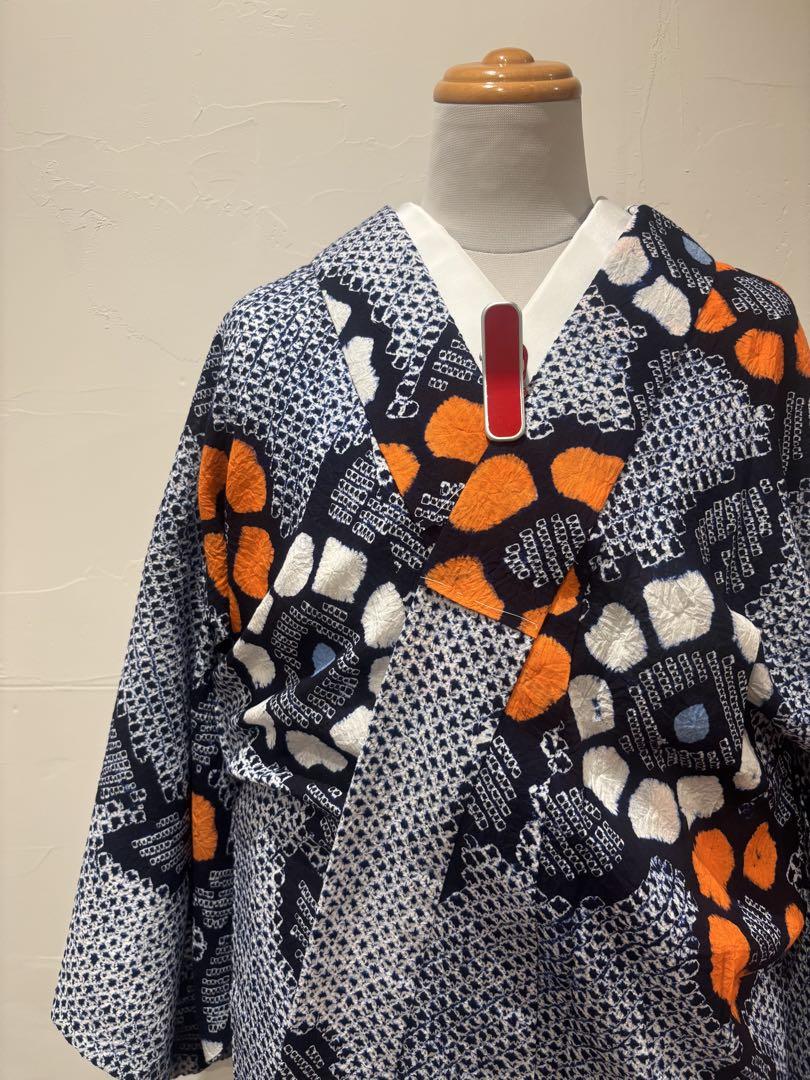 浴衣　有松絞り　紺色　オレンジ　レトロ　中古美品