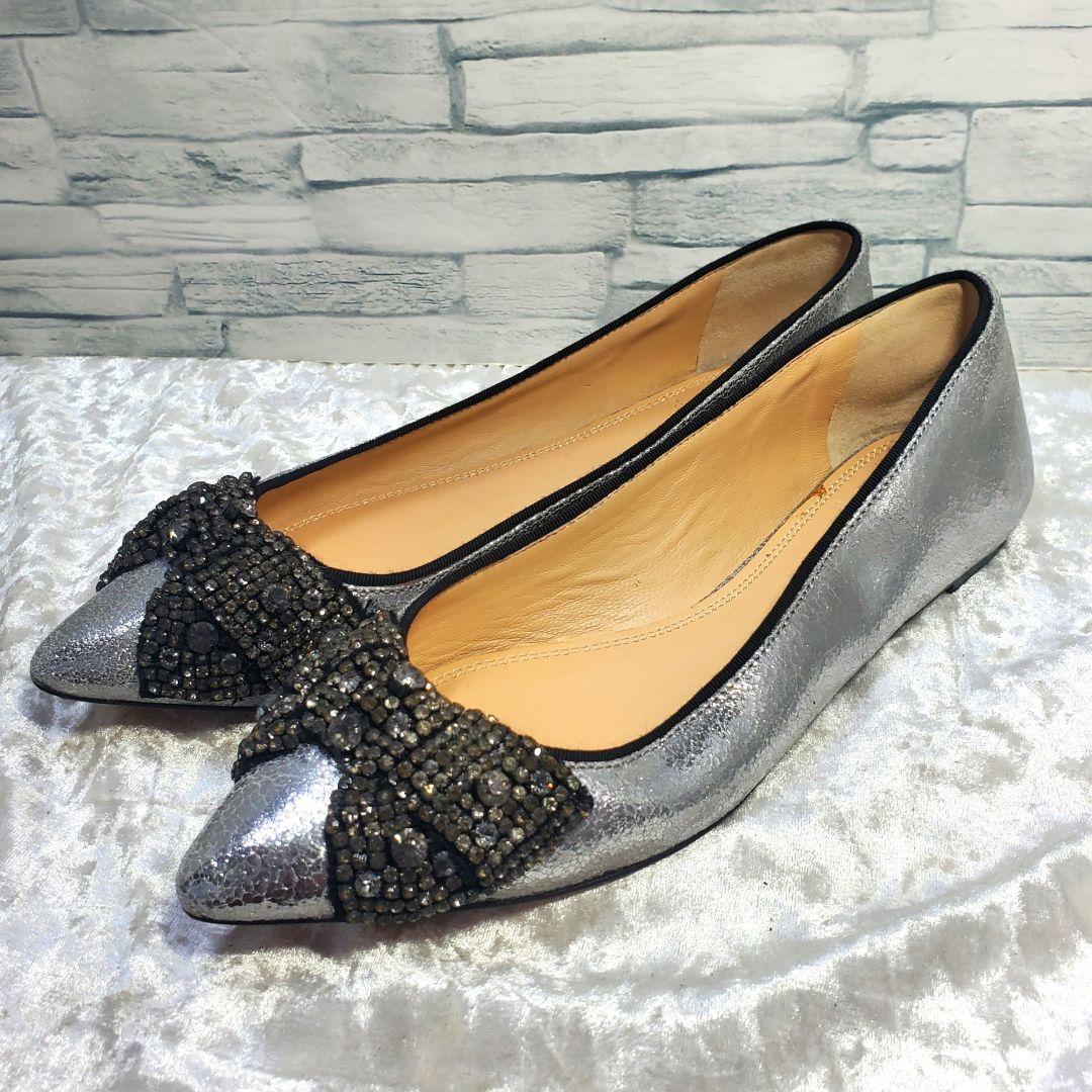 【美品】✨Tory Burch 24.5 フラットシューズ ビジュー シルバー