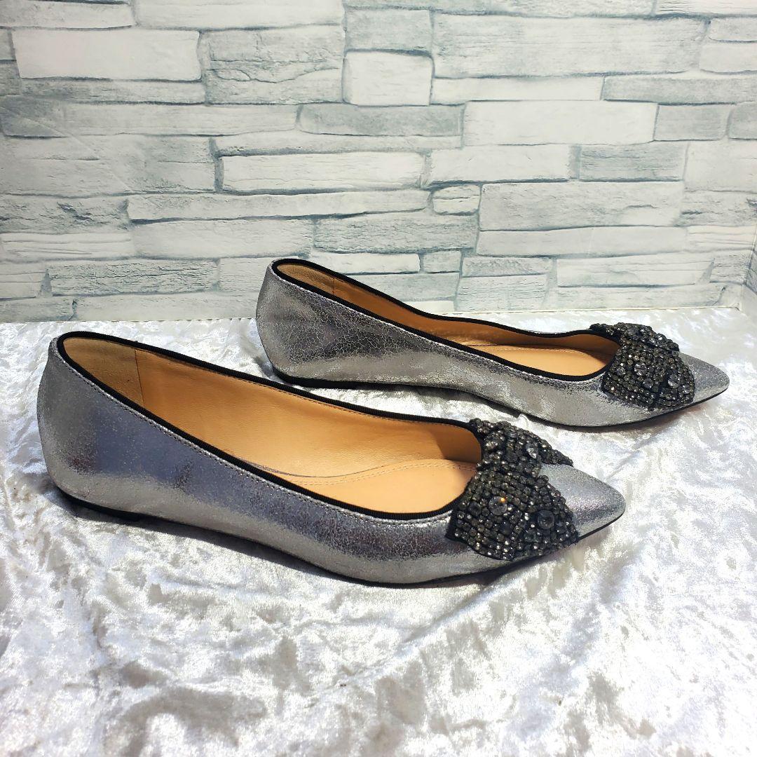 【美品】✨Tory Burch 24.5 フラットシューズ ビジュー シルバー