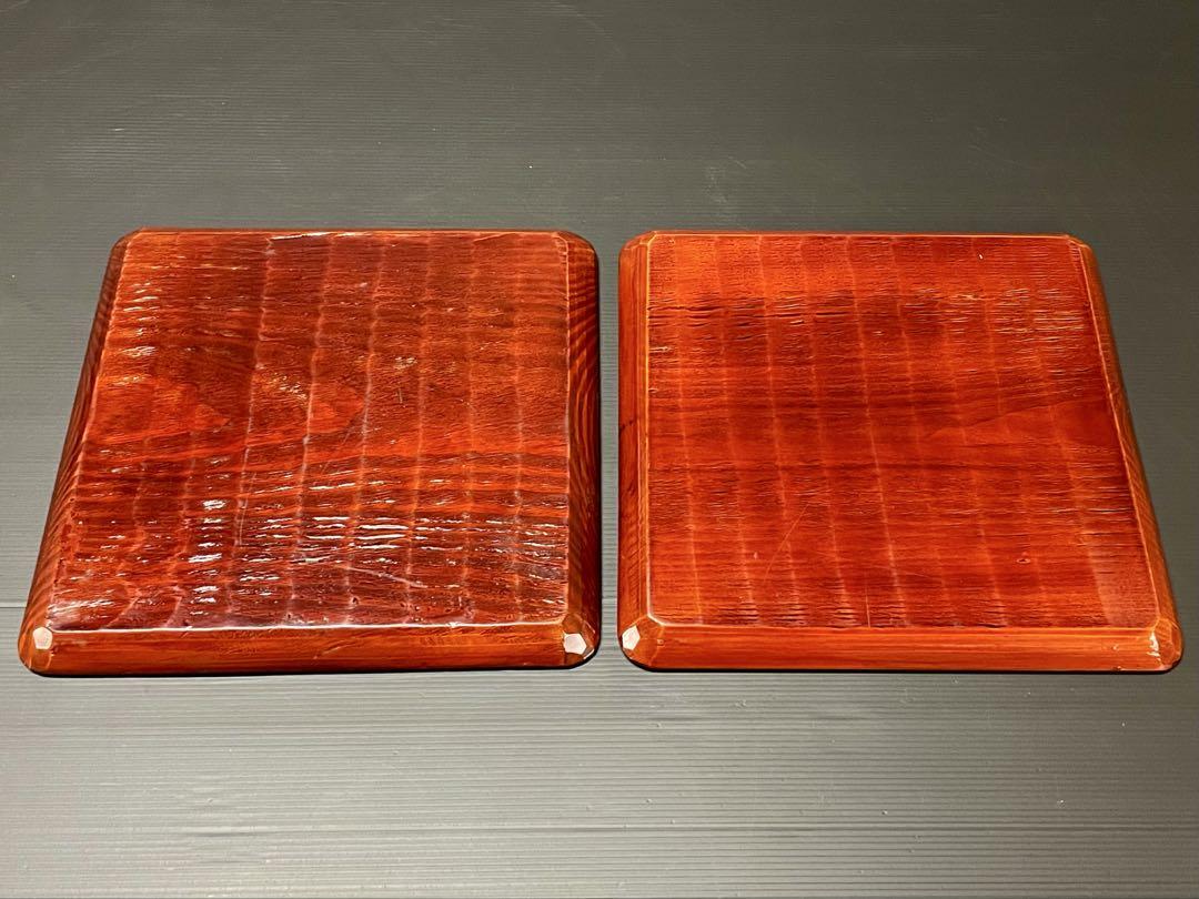 【美品 未使用】「母」 1枚板くり抜き 讃岐彫 四方膳 2客 （201B④）