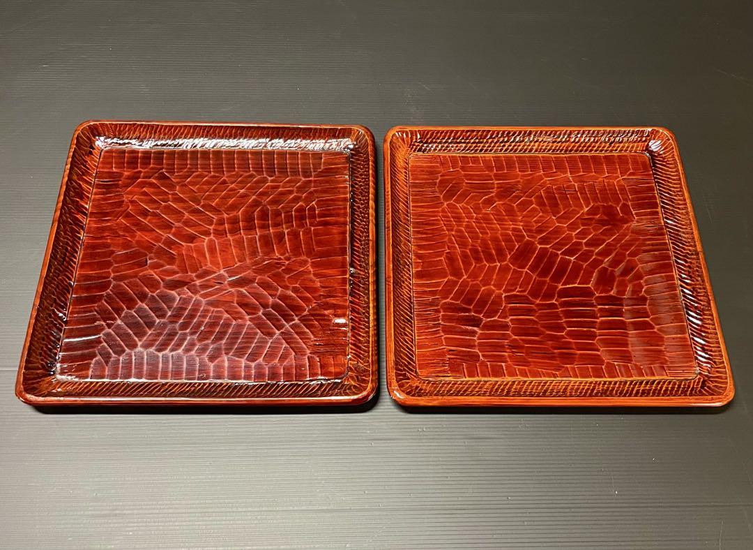 【美品 未使用】「母」 1枚板くり抜き 讃岐彫 四方膳 2客 （201B④）