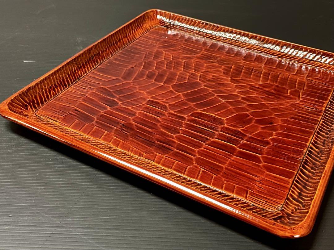 【美品 未使用】「母」 1枚板くり抜き 讃岐彫 四方膳 2客 （201B④）