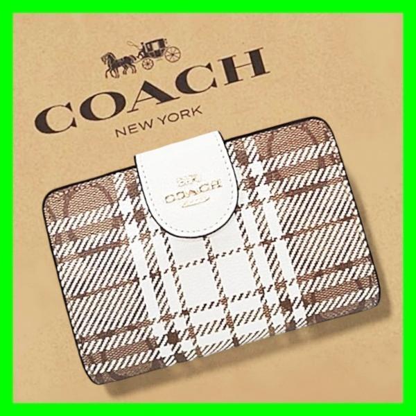 COACH コーチ 二つ折り財布 チェック柄　ホワイト ベージュ ブラウン　新品