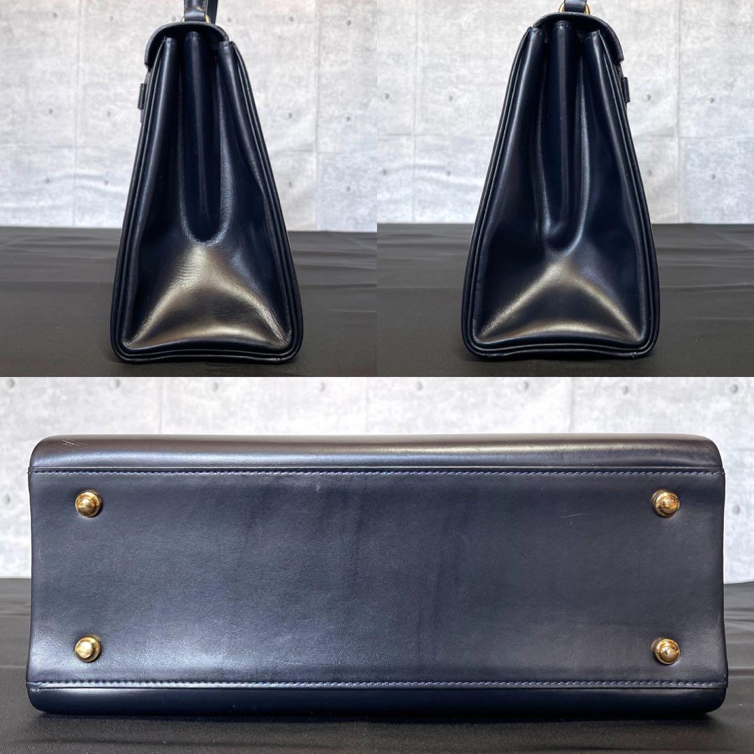 【良品】WAKO 銀座和光 カーフレザー ネイビー ゴールド金具 ハンドバッグ