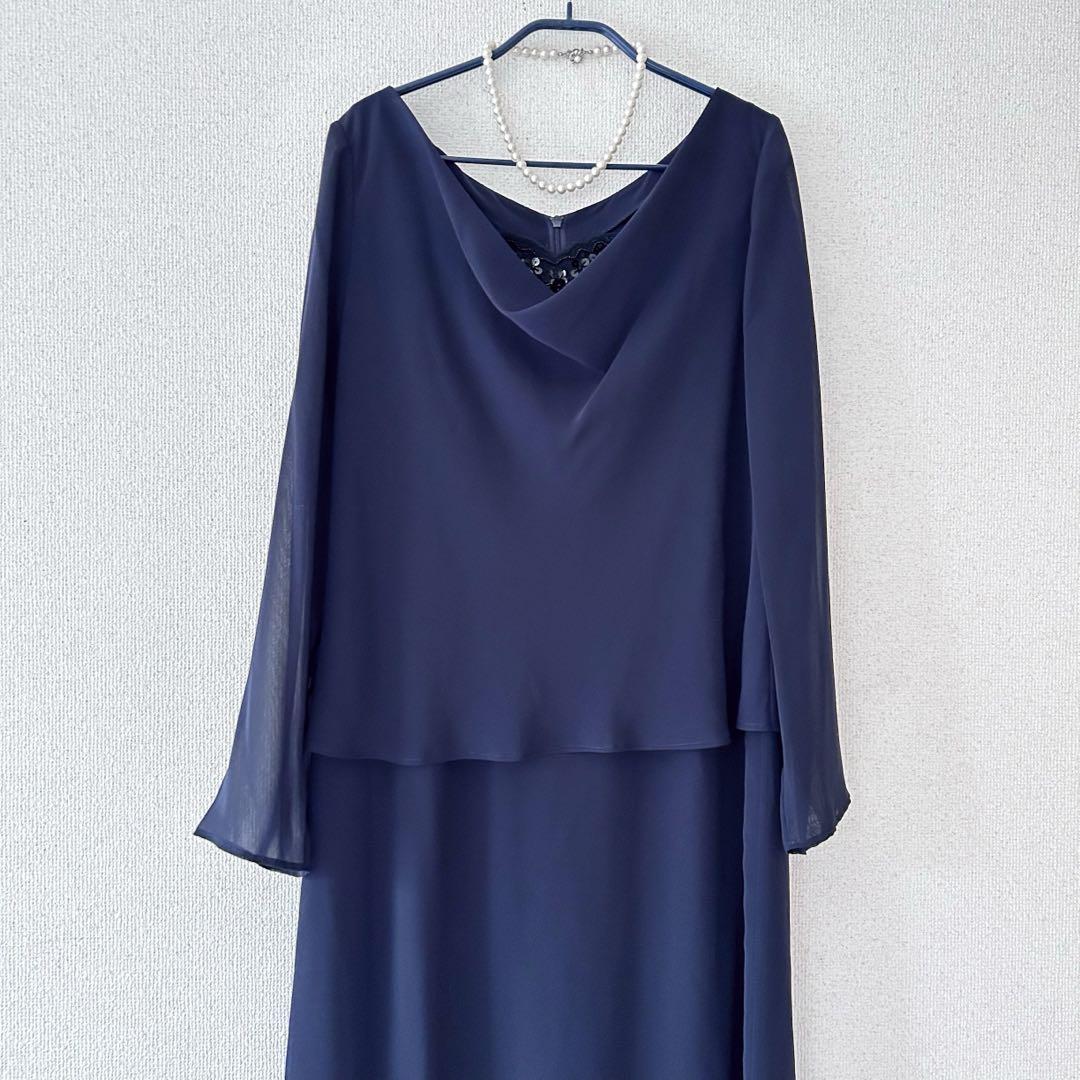 美品　東京ソワール　ロングワンピース　ドレス　ネイビー　サイズ14 ビジュー