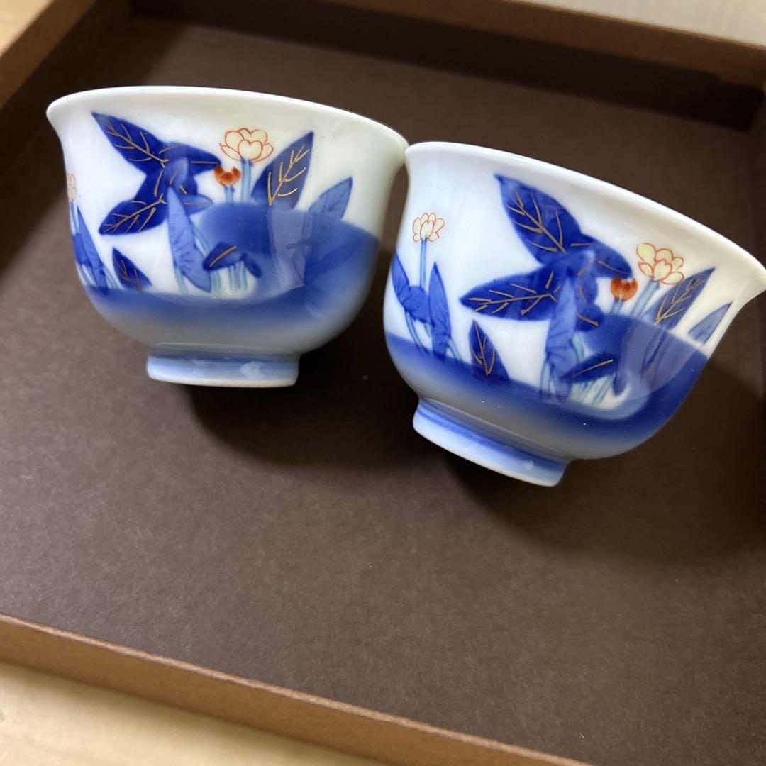 湯のみ  花柄 青 2個