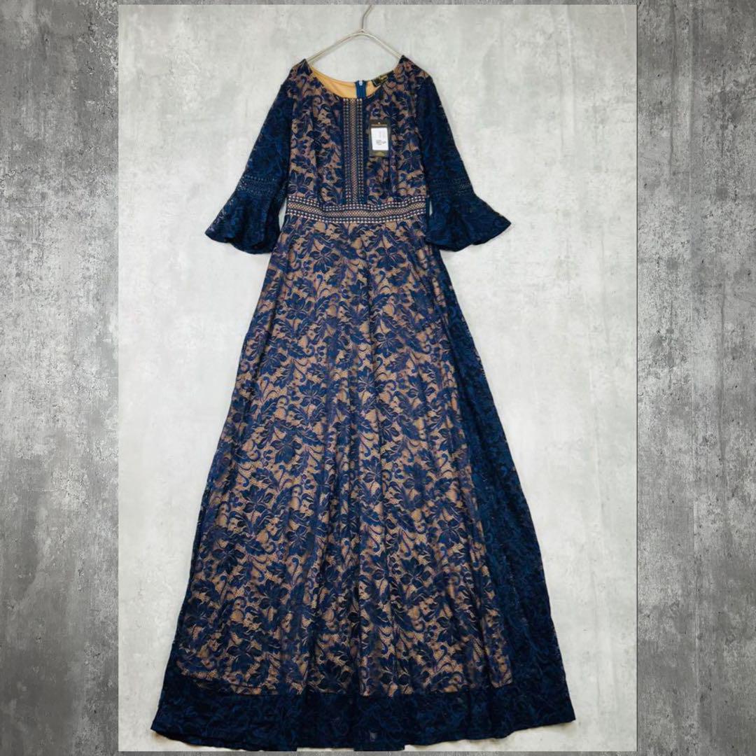 ♪新品　花柄 レース ロングドレス ワンピース　紺　シアー　パーティー　五分袖