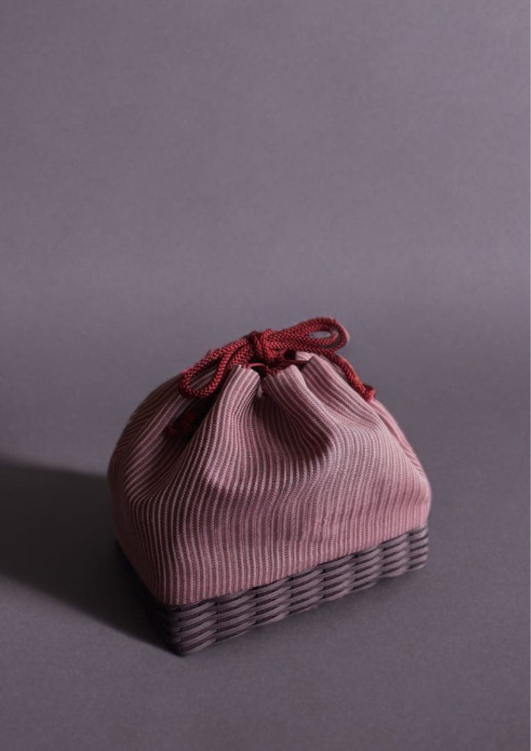 着物リメイク カゴ巾着 夏帯 スモークピンク ハンドメイド