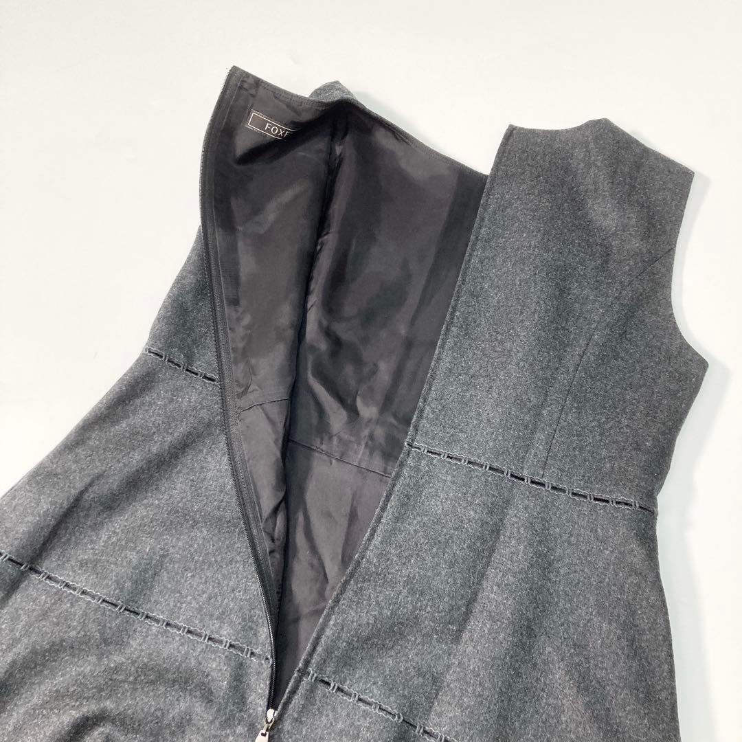 美品 FOXEY フォクシー ノースリーブワンピース 40 L ウール グレー 美品 FOXEY フォクシー ノースリーブワンピース 40 L ウール グレー