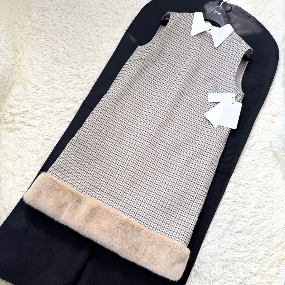タグ付＊未使用品✨セルフォード 裾ファー切替Ａラインワンピース 38 チェック