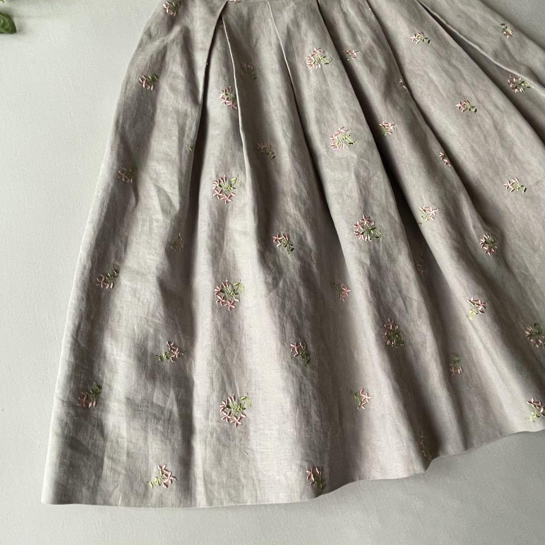 ルネ　TISSUE社製　リネン　フレアワンピース　リボン　花柄刺繍　36 ルネ TISSUE社製 リネン フレアワンピース リボン 花柄刺繍 36