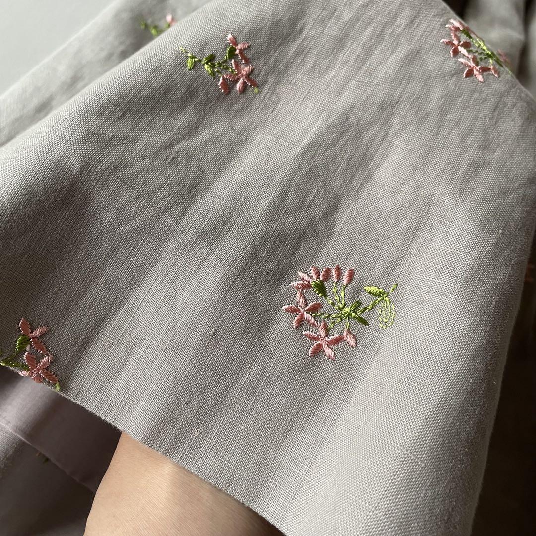 ルネ TISSUE社製 リネン フレアワンピース リボン 花柄刺繍 36