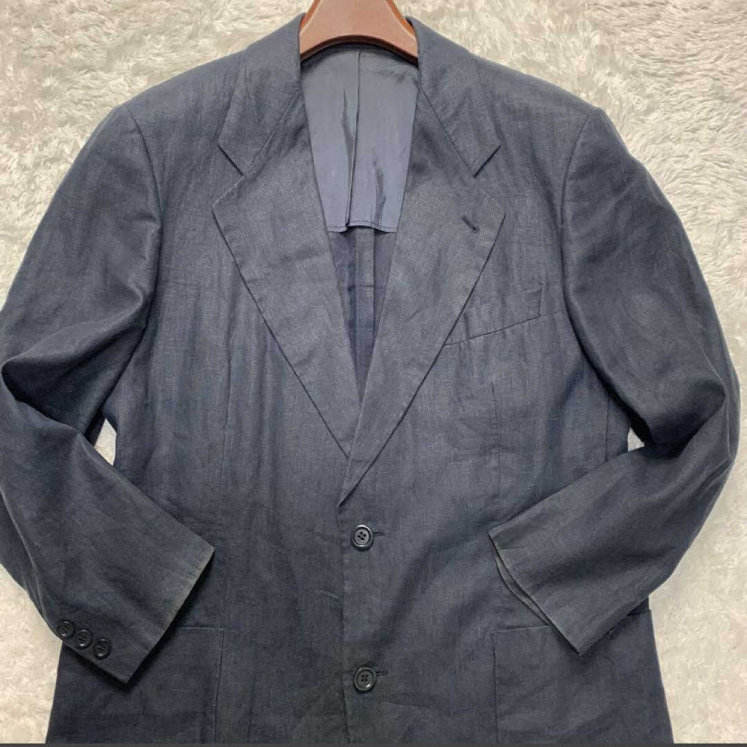 美品 XL相当 ヒューゴボス テーラードジャケット アンコン リネン100% 紺