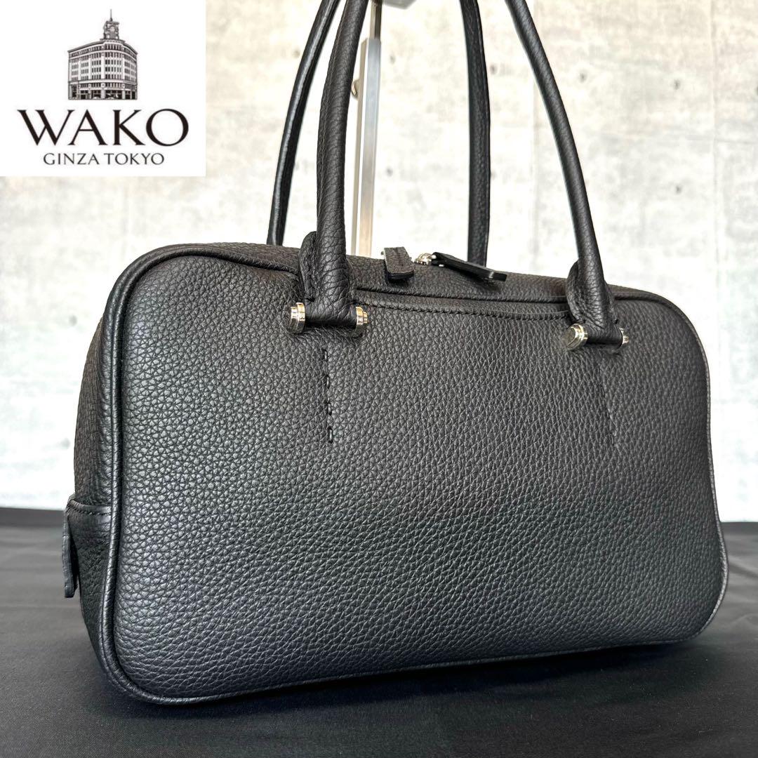 銀座　和光　WAKO 極上　カーフレザー　ハンドバッグ　フォーマル　金金具 良品 WAKO 銀座和光 カーフレザー ダークネイビー ゴールド金具