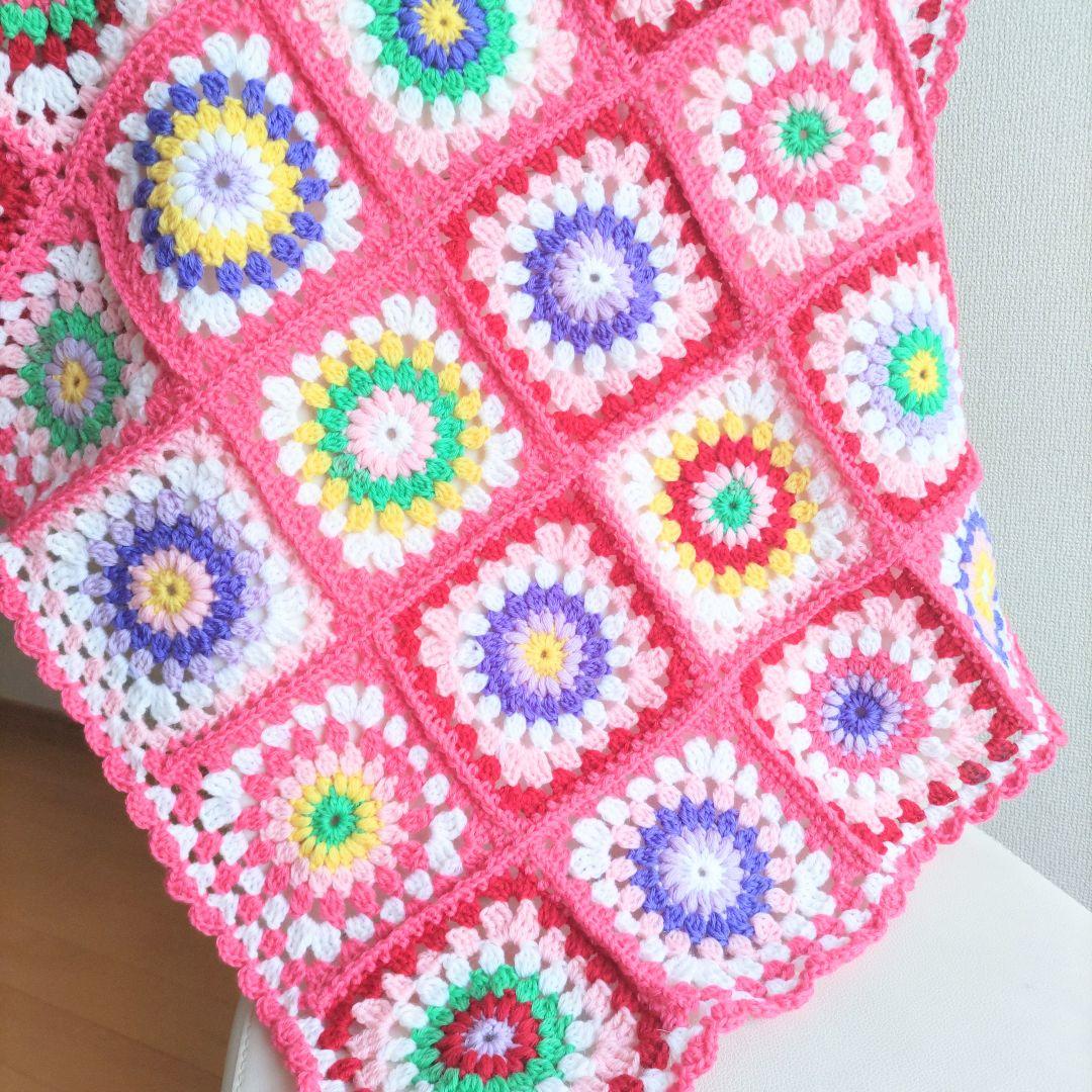 手編みブランケット ピンク★かぎ針編み★ハンドメイド★グラニースクエア★編み物