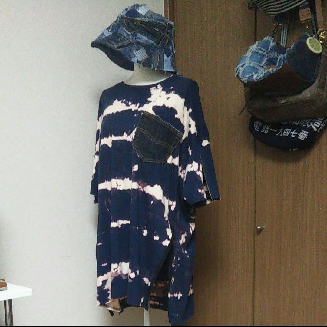 【一点物】デニムリメイク  ブリーチTシャツ デニムポケット付き