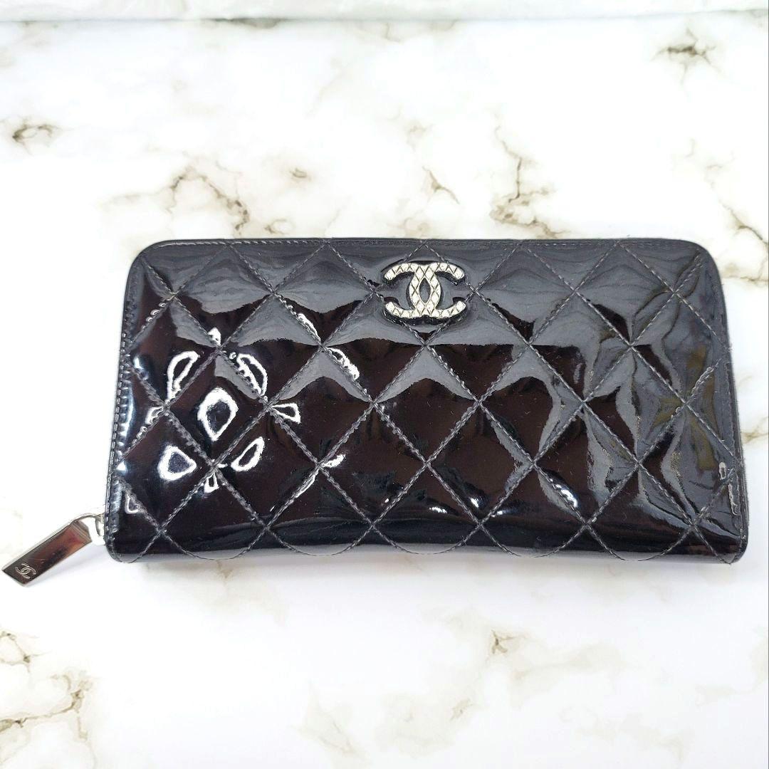 CHANEL 長財布 ブリリアント エナメル パテント ラウンドファスナー 黒