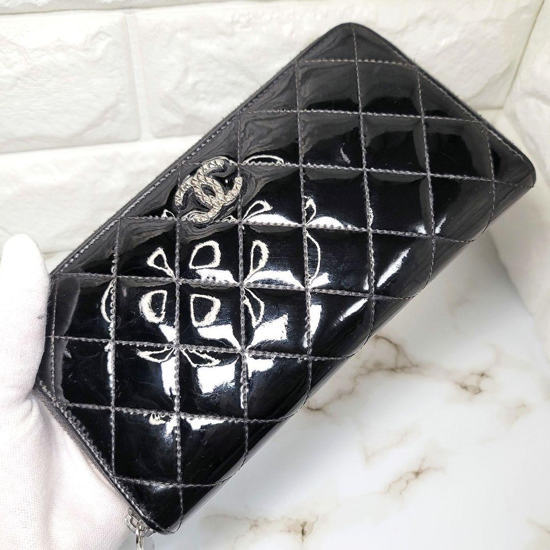 CHANEL 長財布 ブリリアント エナメル パテント ラウンドファスナー 黒
