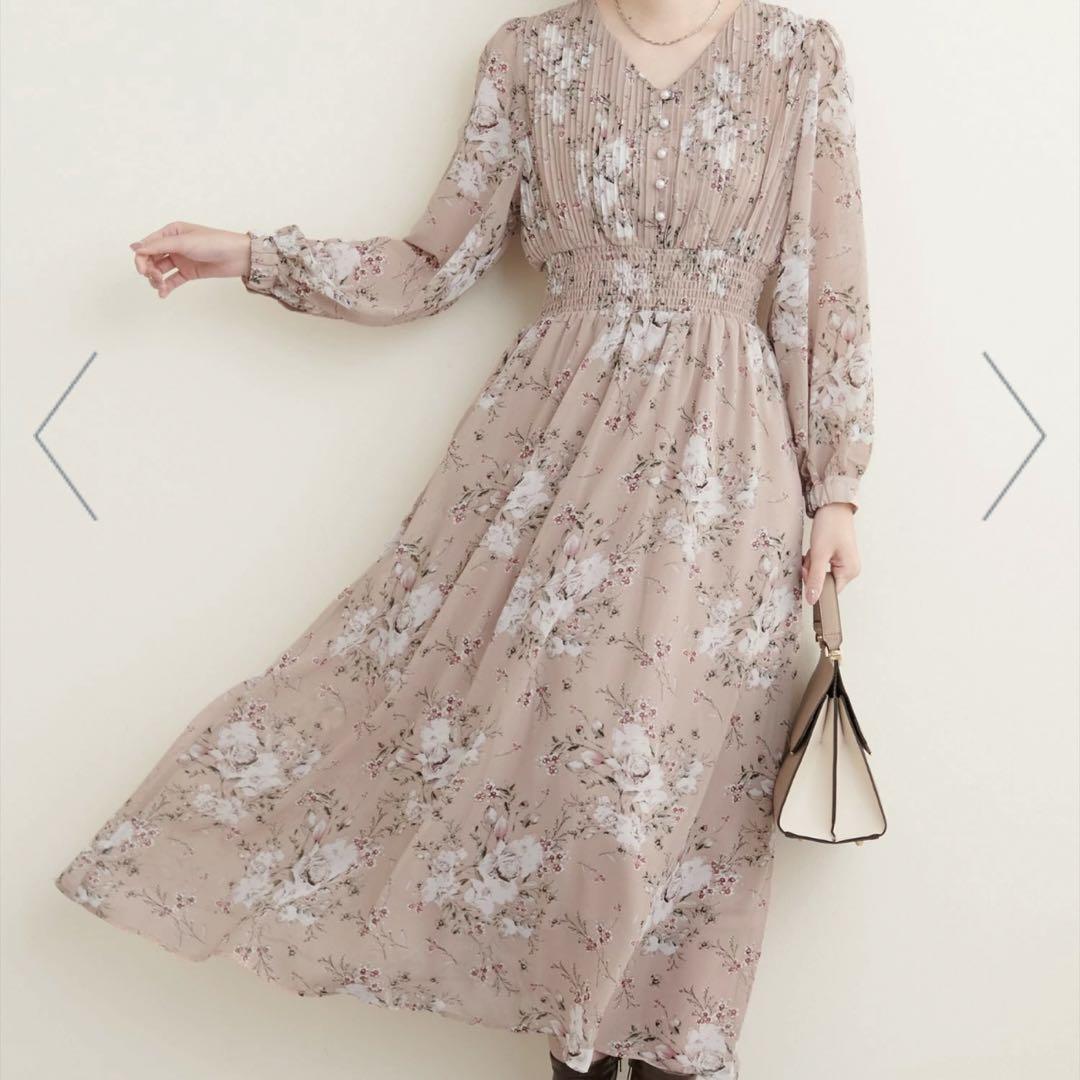 完売品★natural couture ピンタックプリーツお上品ワンピース 花柄